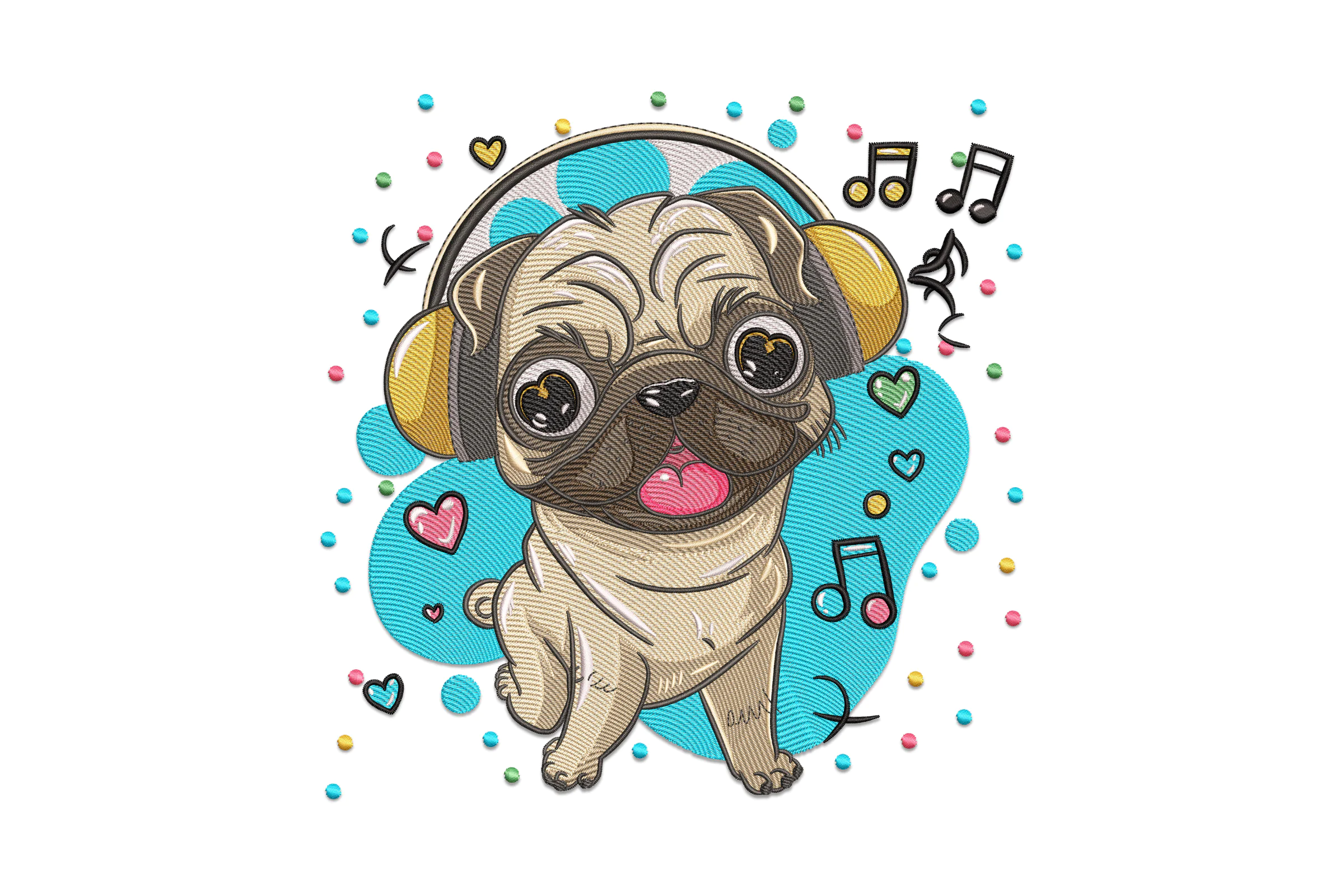 Cute Dog Listening Music Embroidery Design