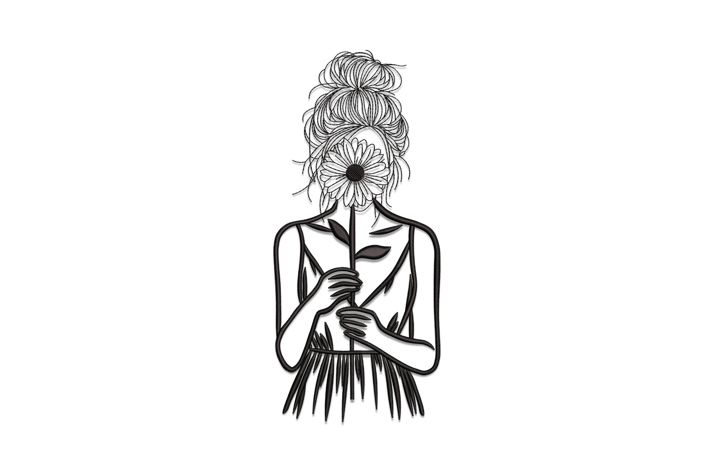 Woman Holding Sunflower Embroidery Design