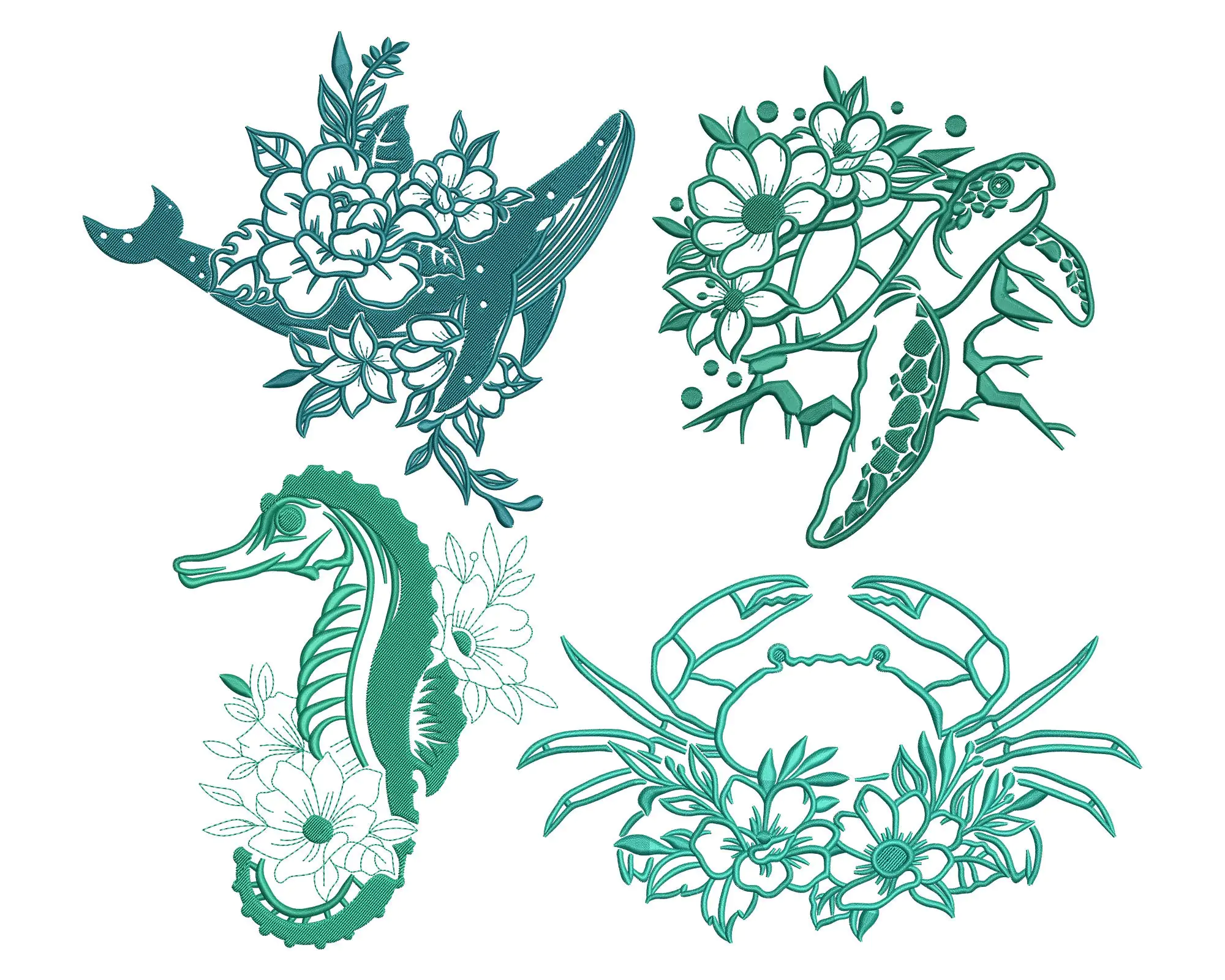 Sea Animal Embroidery Designs, Turtle embroidery, Whale Embroidery, Seahorse Embroidery, crab embroi