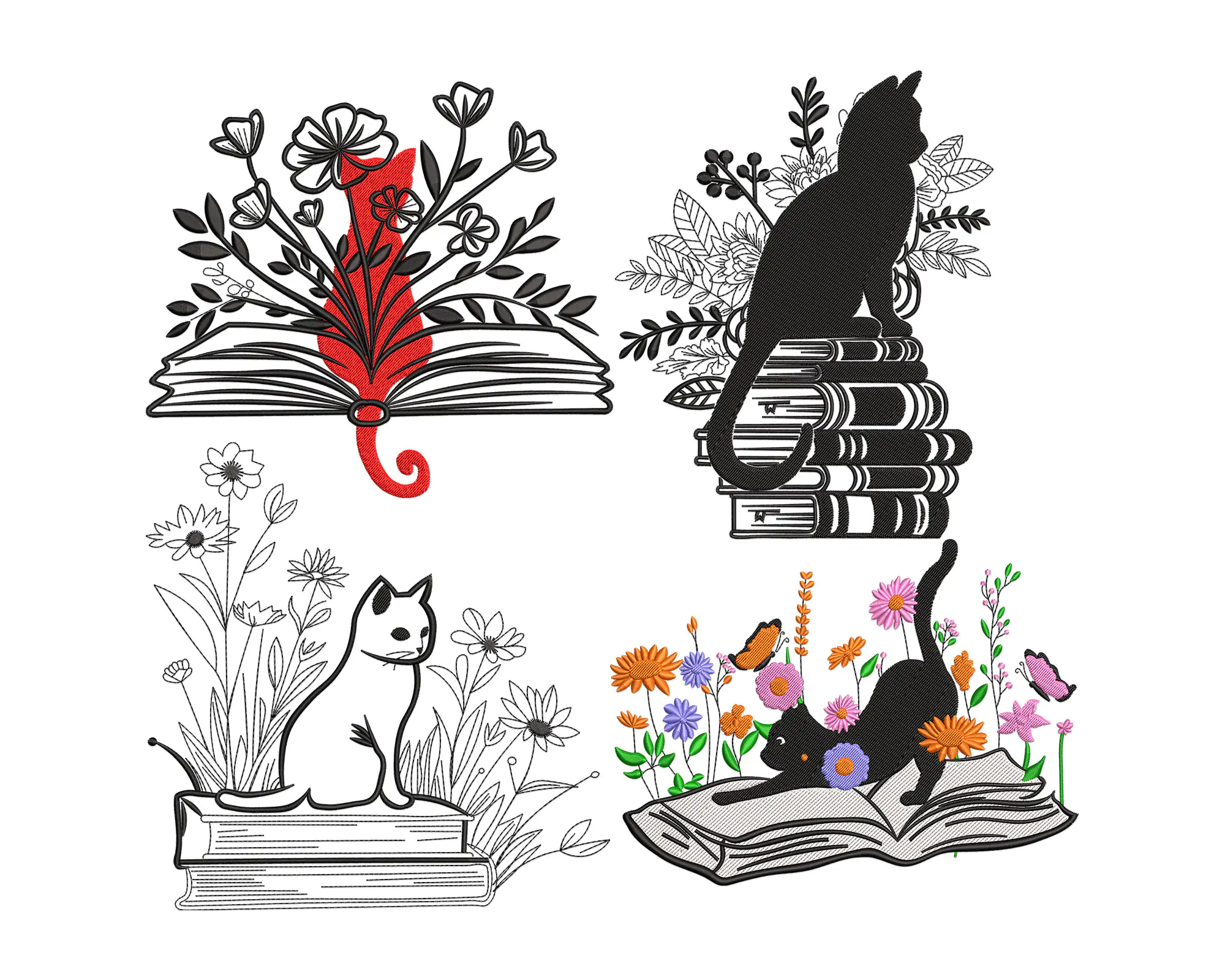 Floral Cat Book Embroidery Design . Floral Books Teacher Machine Embroidery File . Cat Books Reading