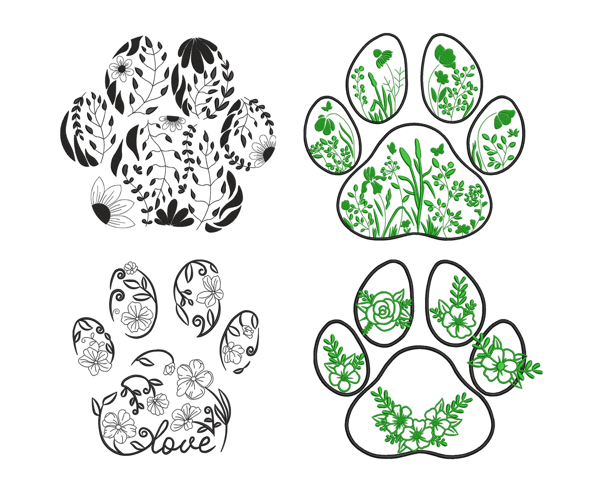 Floral paw print embroidery design. Pet paw  machine embroidery pattern file
