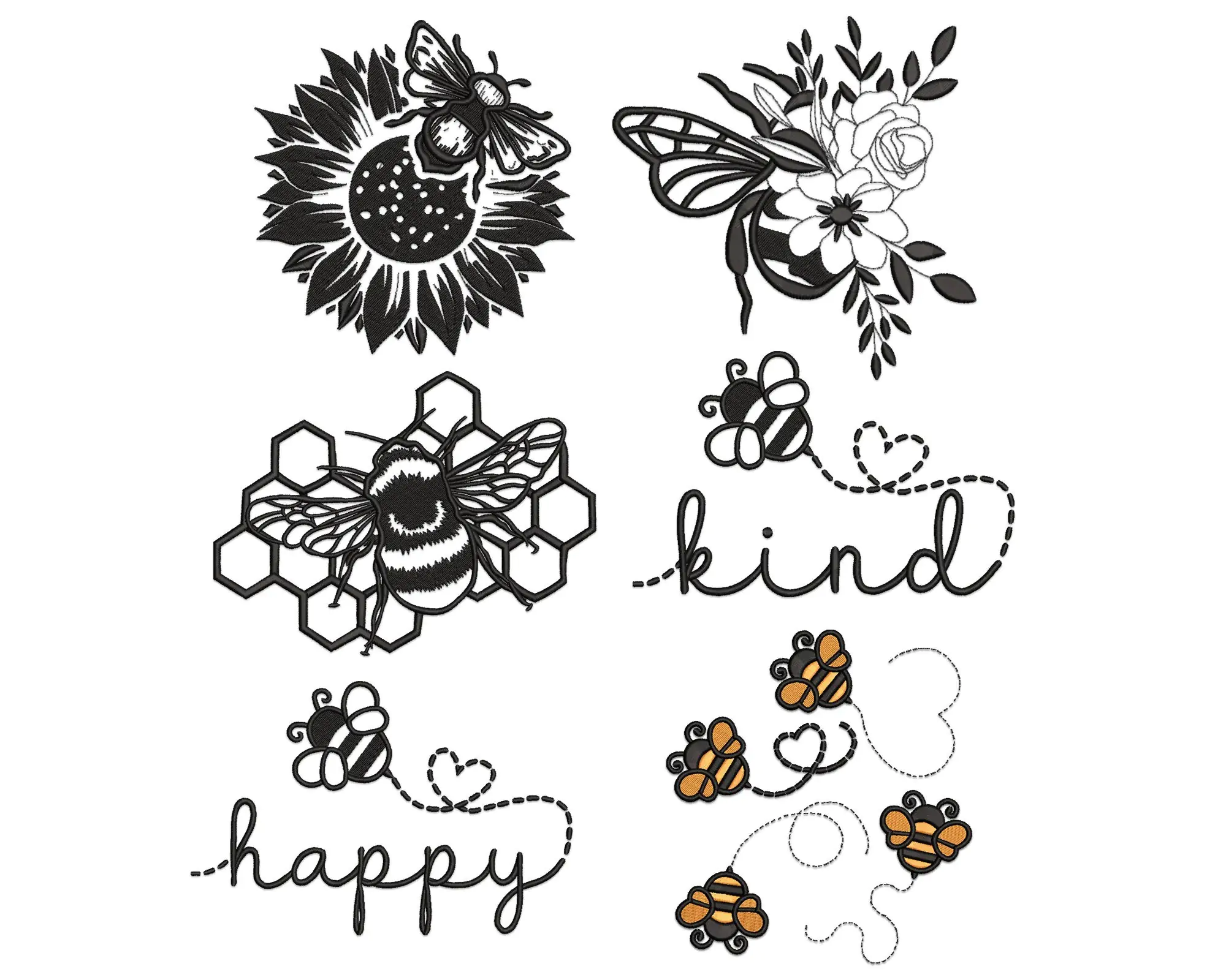 Sun flower Bee Embroidery design. Bee kind embroidery file. Bee Happy Embroidery Designs Bundle
