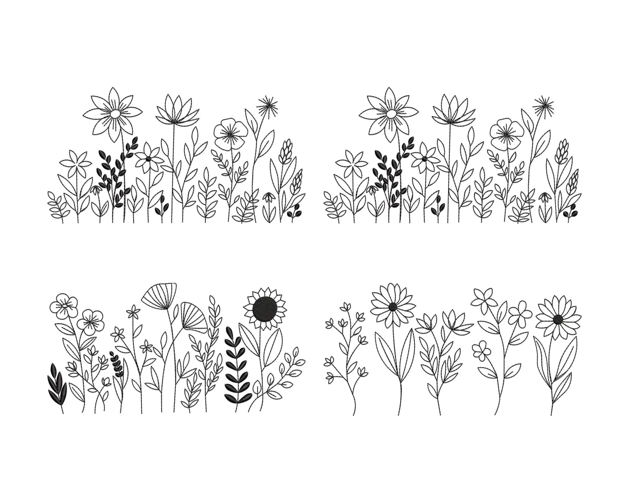 Wildflower Meadow Machine Embroidery Design, Botanical Flower Pattern