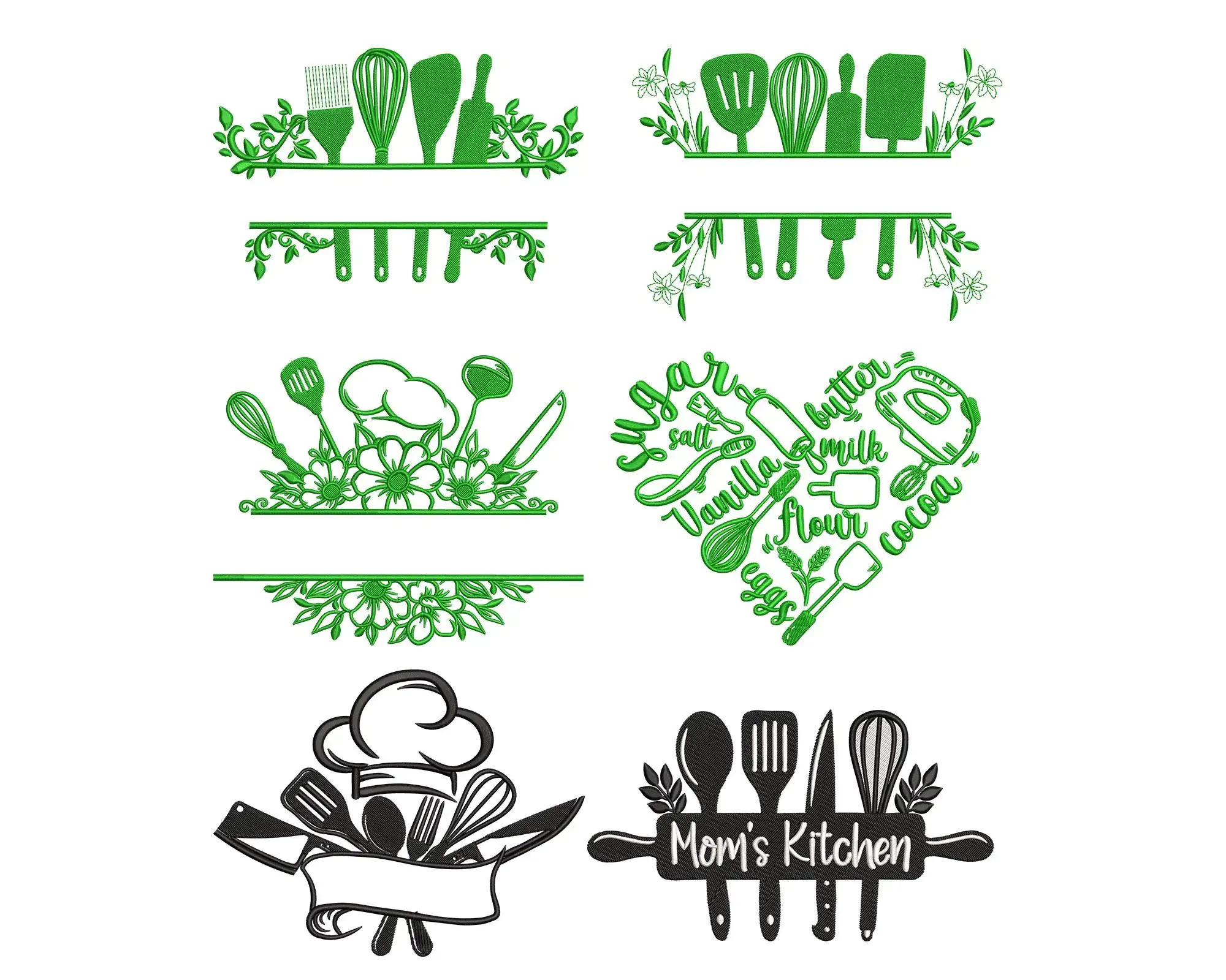 Kitchen Utensils Embroidery Design. Kitchen Split Monograms Embroidery Designs