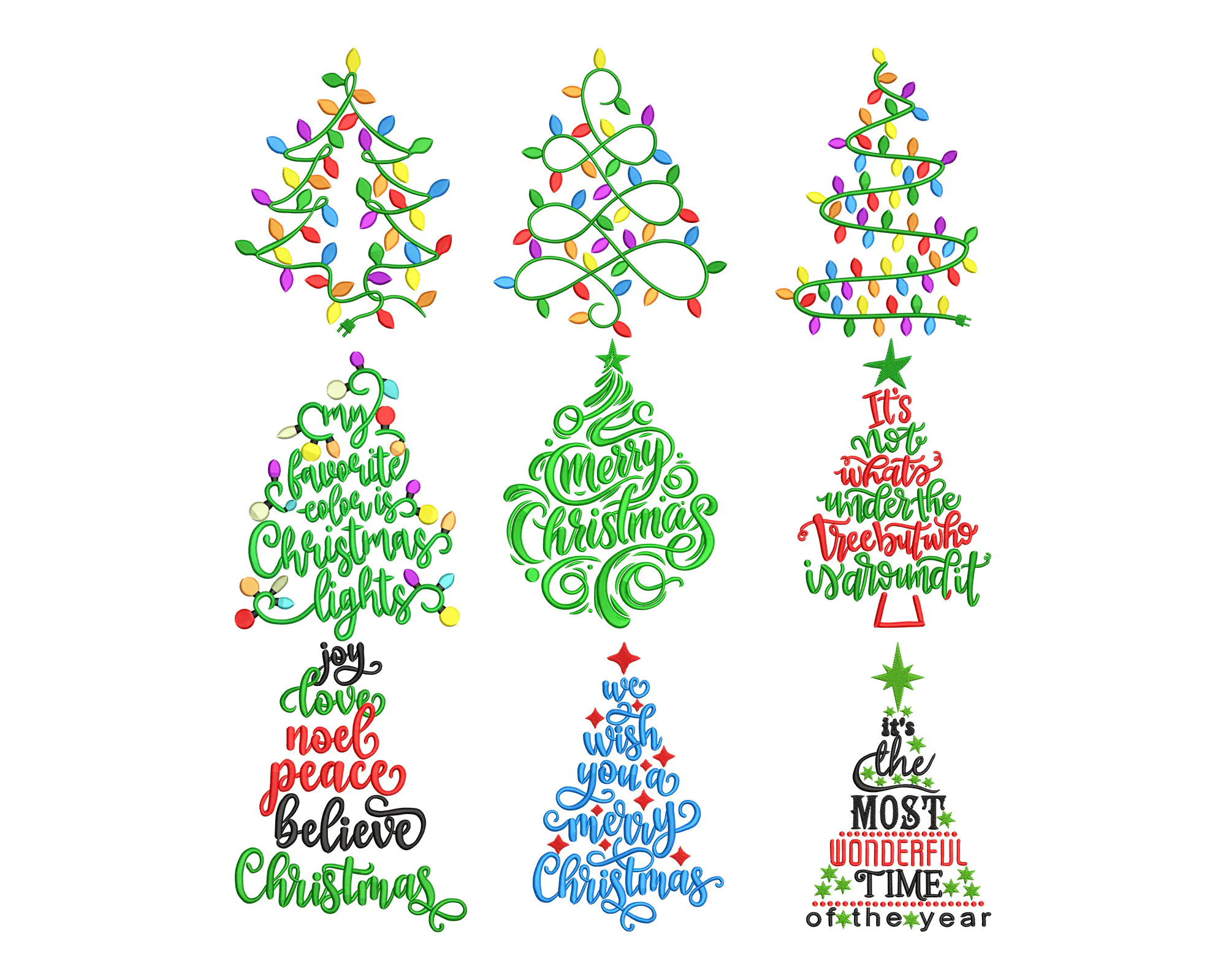 Christmas Tree Embroidery Designs – Festive Trees with Lights & Happy Holidays File