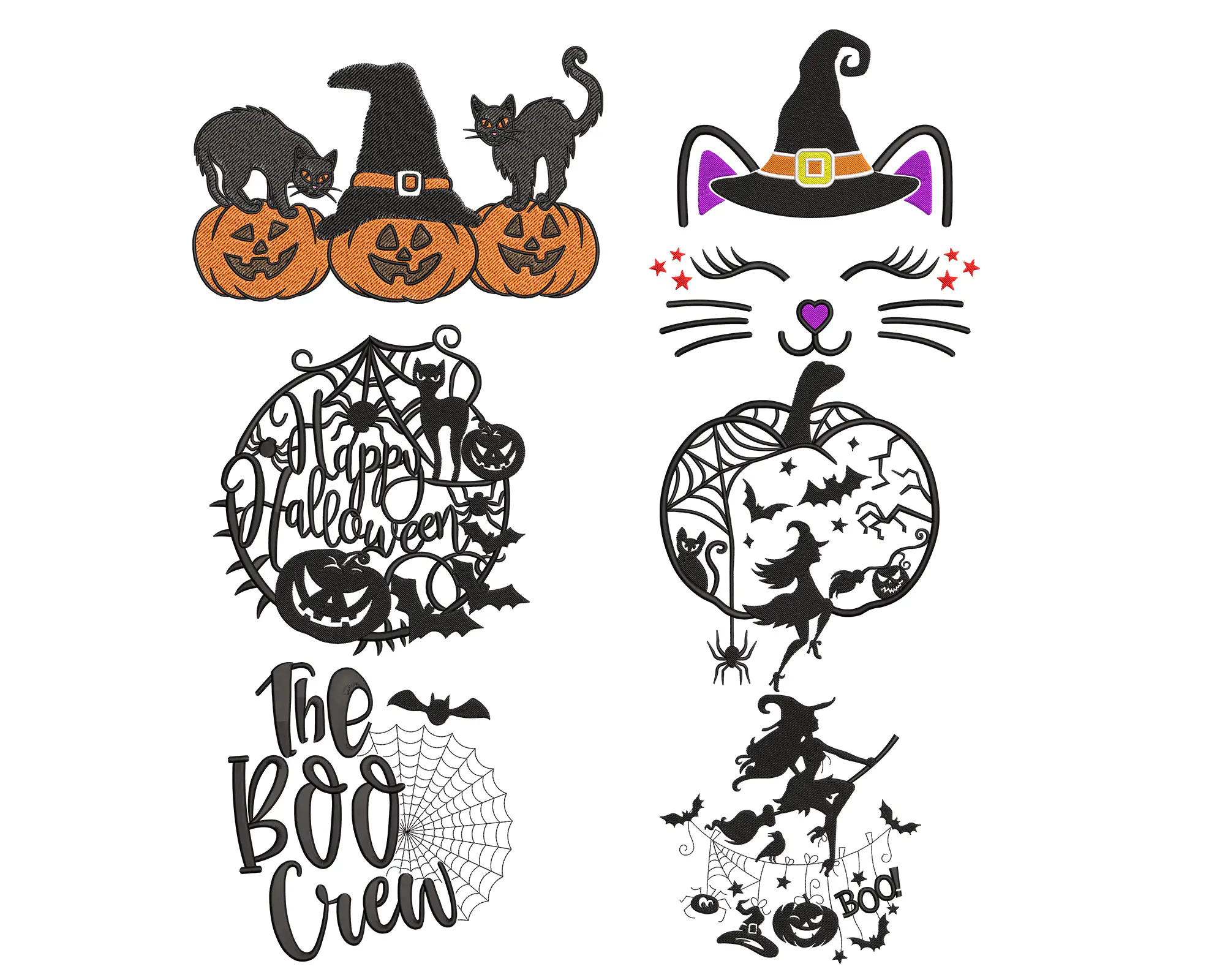 Happy Halloween Embroidery Design , Black Cat And Pumpkin Design Embroidery .  Spooky season Embroid