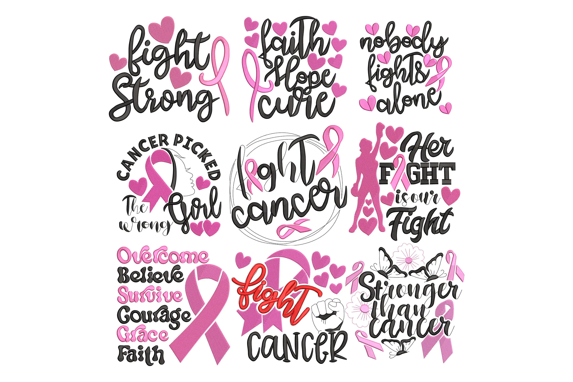 Breast Cancer Awareness Embroidery Designs Bundle , Crush Cancer Embroidery, Pink Ribbon Embroidery