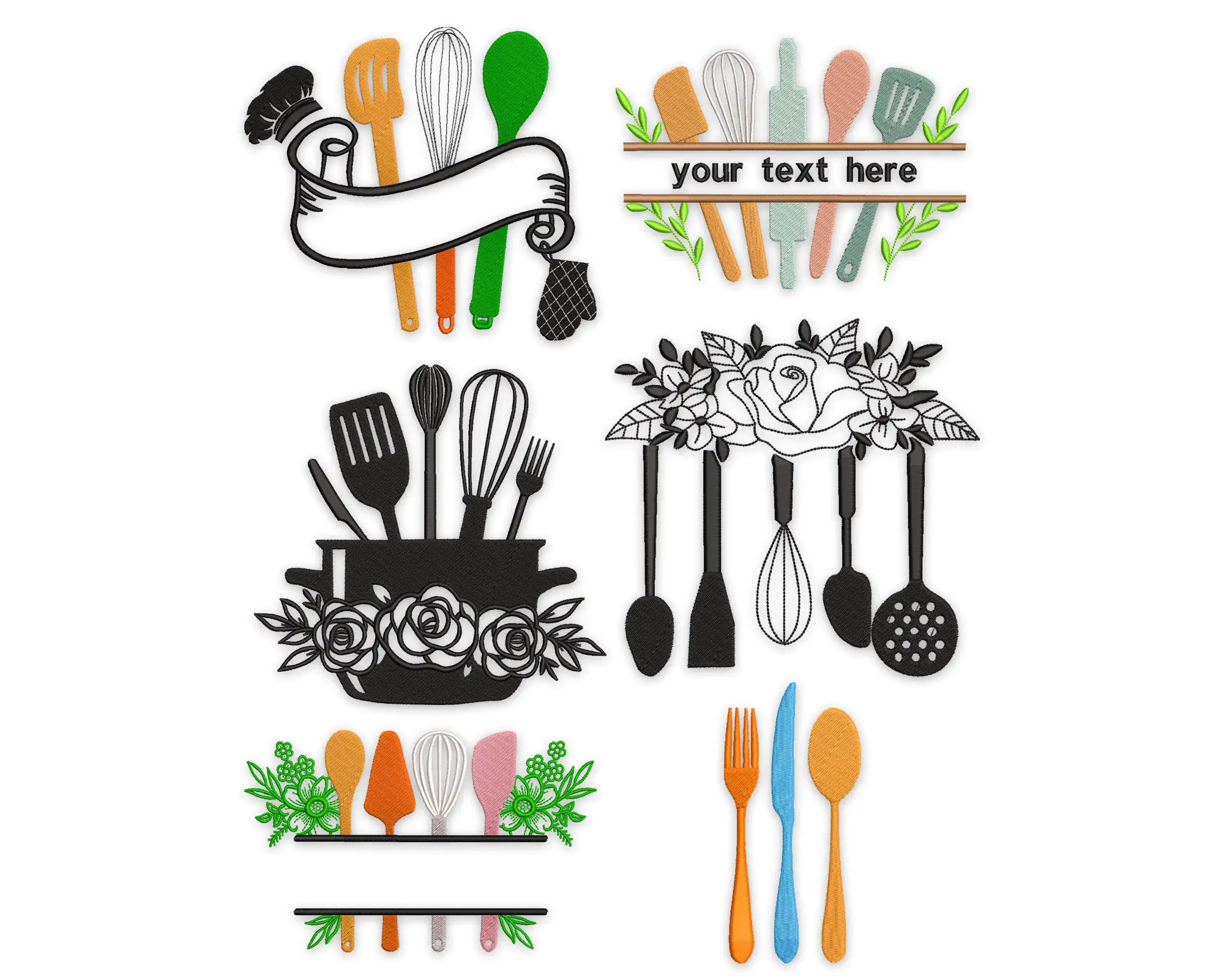 Kitchen Utensils Split Embroidery Design, Baking Tools Embroidery Design