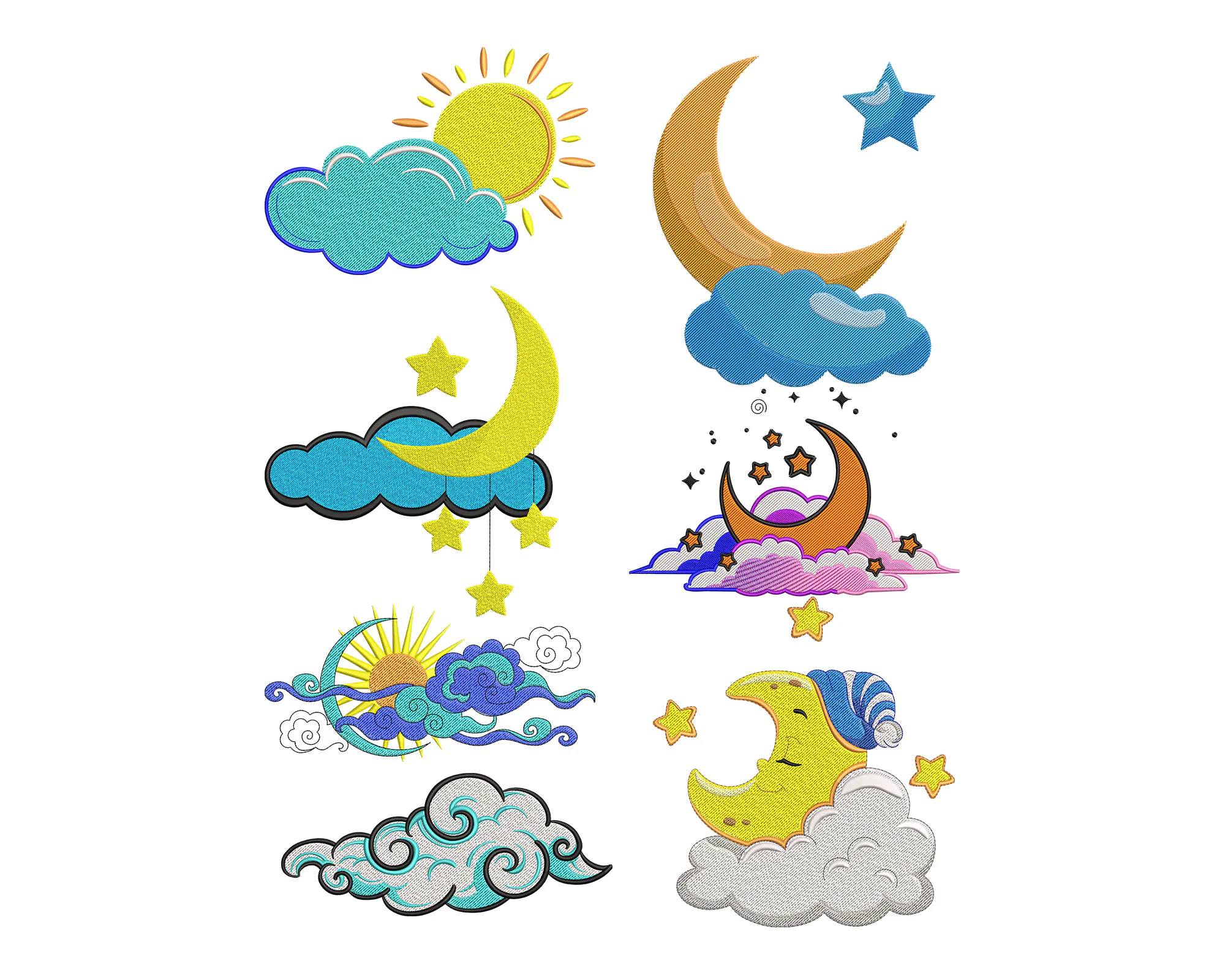 Sun Embroidery Design, Sun with Cloud Machine Embroidery file, Sun Moon Embroidery Design ,