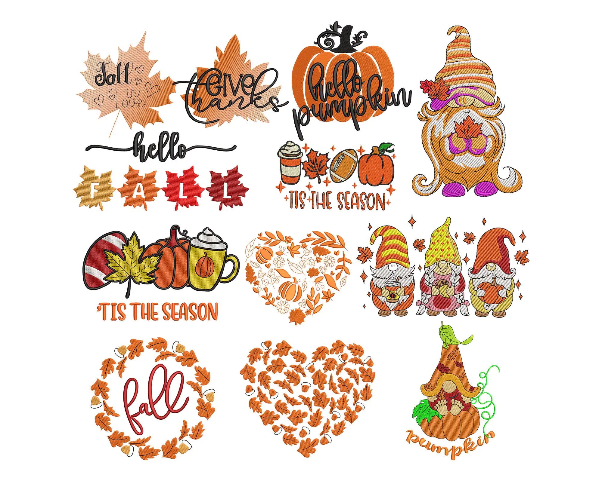 Fall Embroidery Designs, Fall Autum Pumpkin machine embroidery Bundle Designs