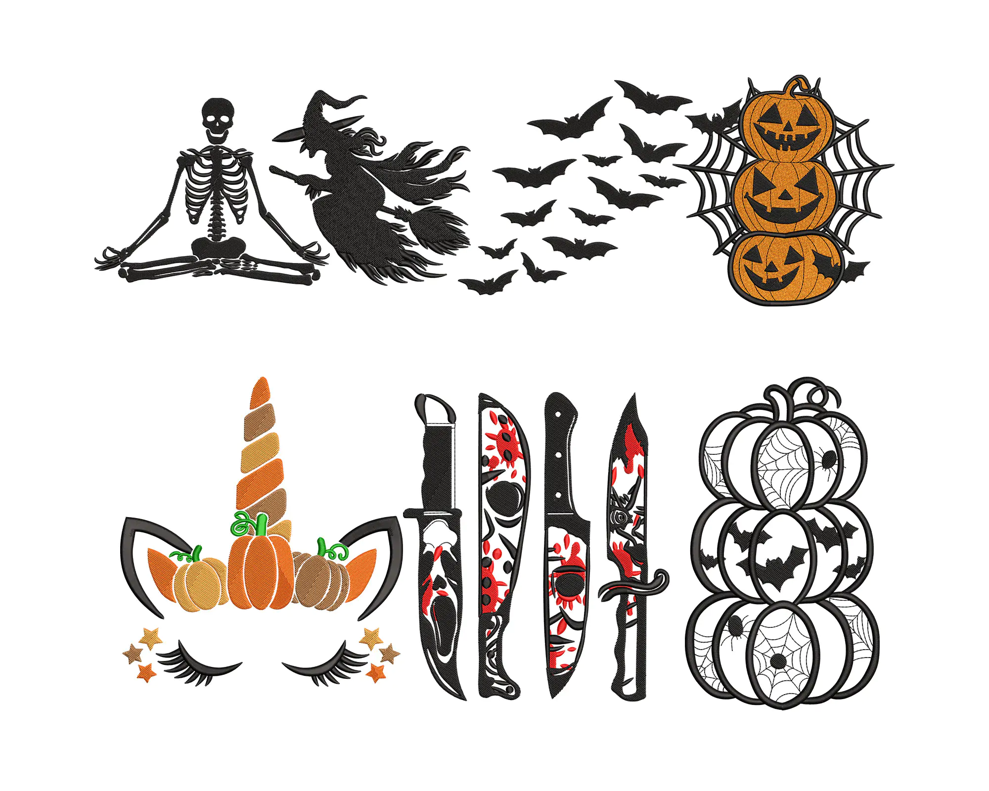 Halloween Pumpkin  Skeleton Embroidery Design , Bats Embroidery File  ,  Witch Machine Embroidery De