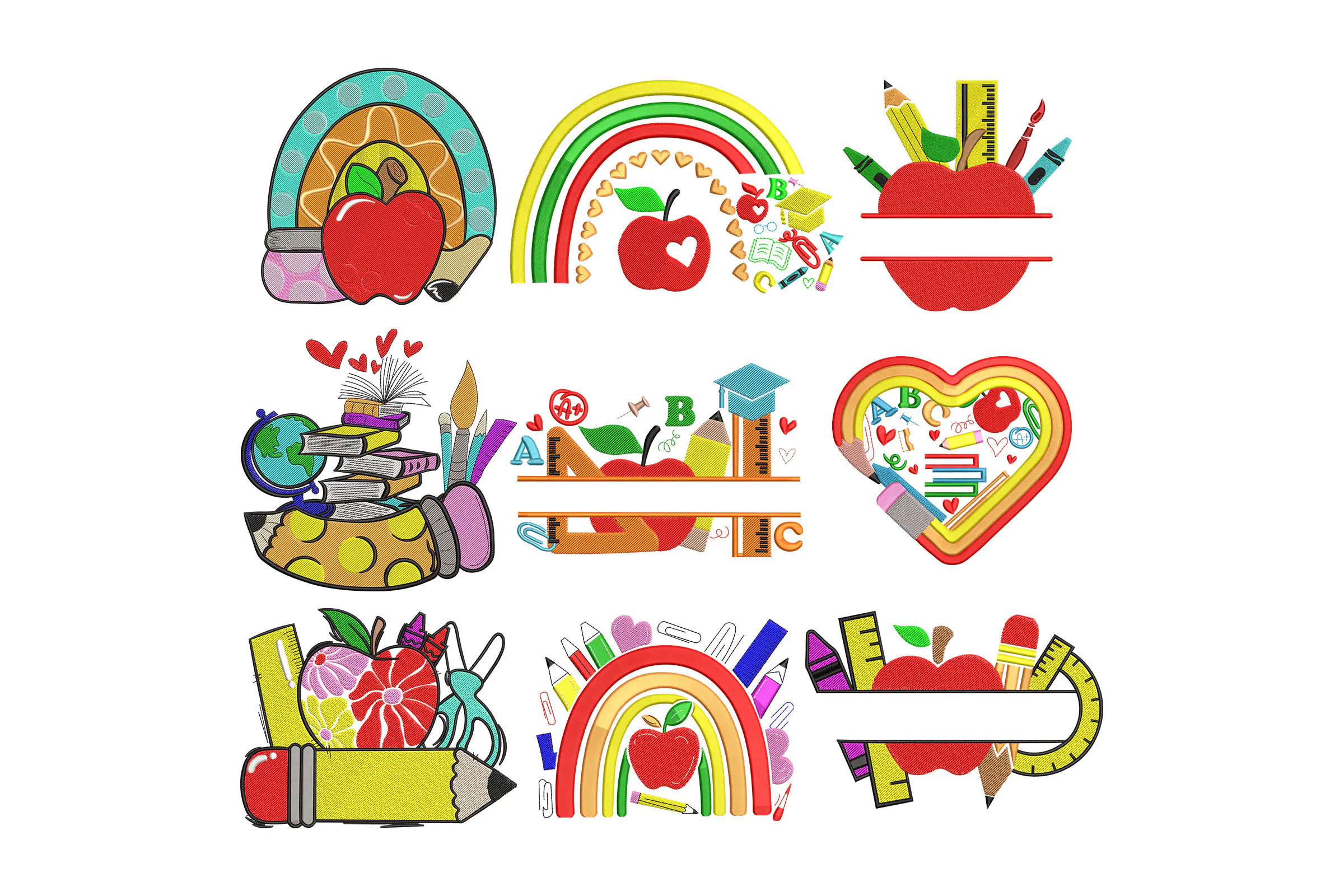 Back to School Machine Embroidery Designs. Split School Embroidery Design. Teacher embroidery file